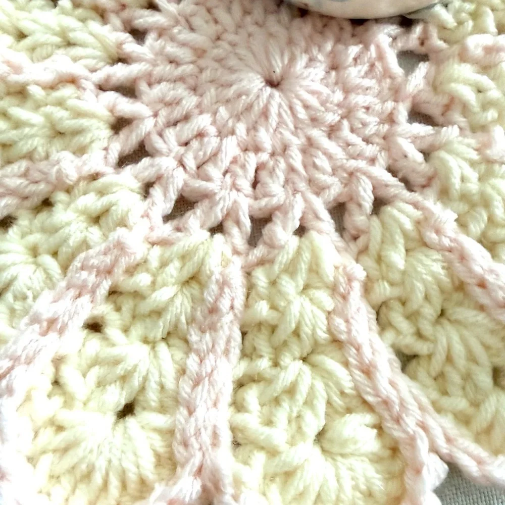 Handmade Crochet Flower Doily – Pink & Cream Floral Decor – 7x7 Inches